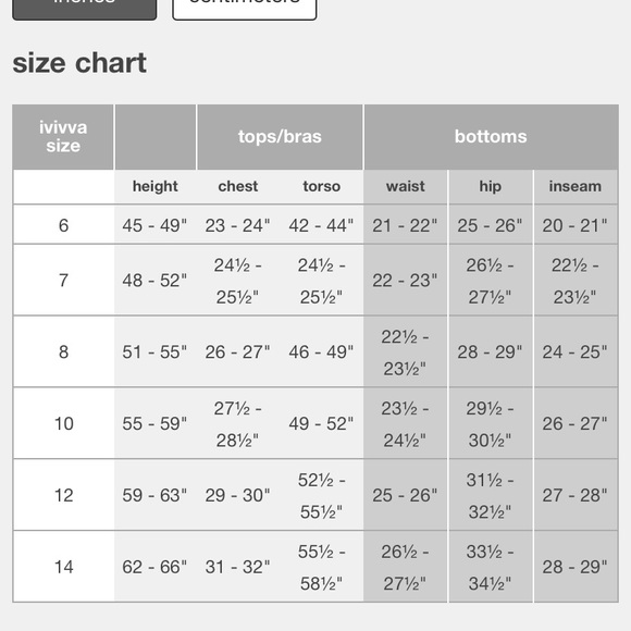 ivivva lululemon size chart